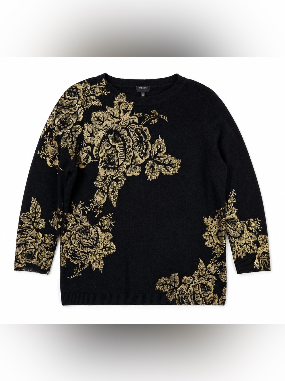 Talbots Pure Cashmere Sweater XL Black Gold Floral 100% Cashmere Soft Luxe